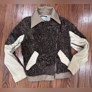 Collection Privee? Brown and Tan Shearling Leather Jacket with zipper accents